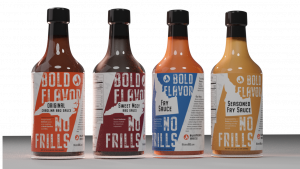 Lineup of Blister's sauce bottles